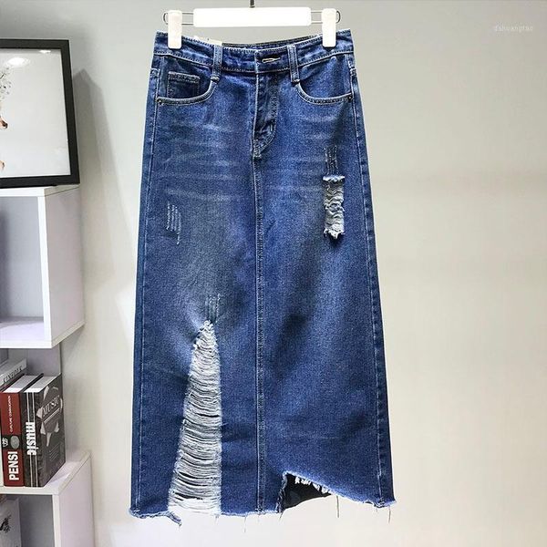 

long denim skirt women plus size high waist thin ripped hollow irregular jean skirt spring autumn1, Black