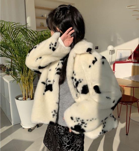 

2020 winter new retro cow pattern, concealed button, lapel furry loose blouse faux fur ladies jacket1, Black