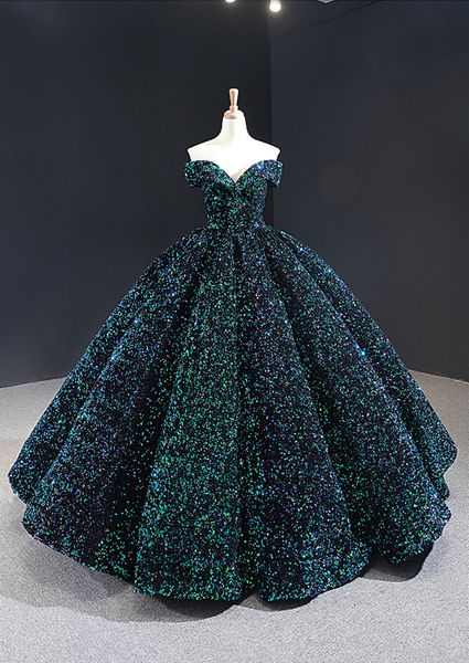

sparkle sequins ball gown prom dresses floor length dark green real images glitter long off shoulder formal evening gowns sweet 16 dress, Black