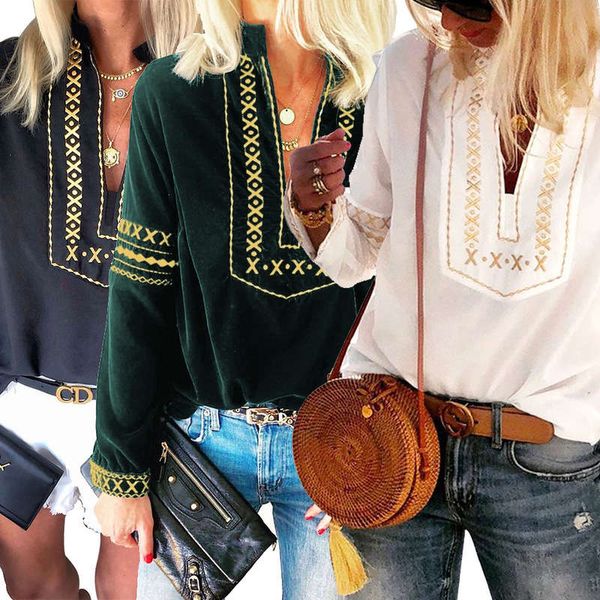 

2020 women's printed long sleeve leisure national style shirt for women, Black;gray