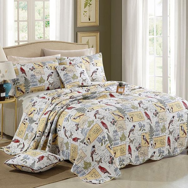 

birds butterfly printed queen size quilted bedspread set home antique chic reversible 3pcs blanket 100% cotton pillow shams