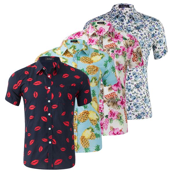 

cotton shirts men fashion print pineapple tropical floral summer camisa turn-down collar short sleeve casual dress shirts male lj200925, White;black