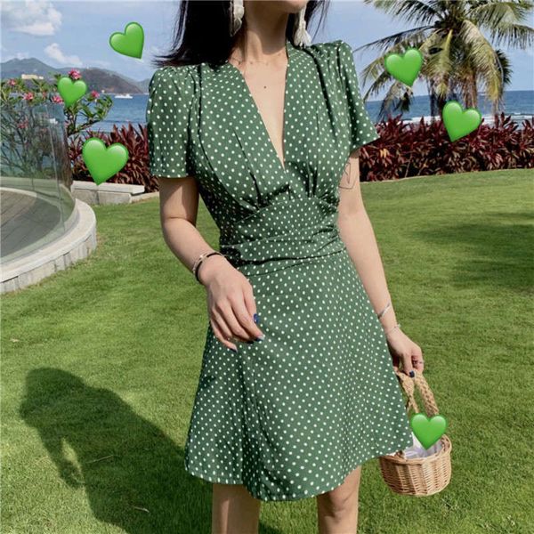 

french minority v-neck high waist short sleeve green polka dot dress holiday hepburn skirt, Black;gray