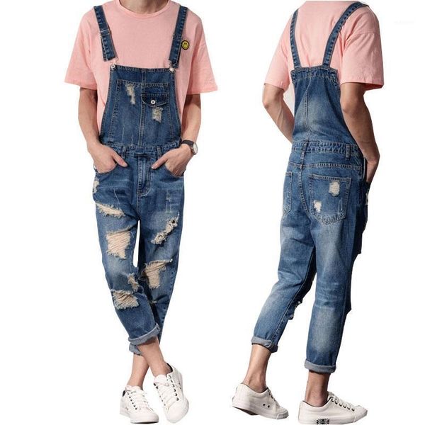 

jeans men 2020 new mens bib overalls modis ankle length denim overalls men ripped jeans male denim jumpsuit tooling trousers1, Blue