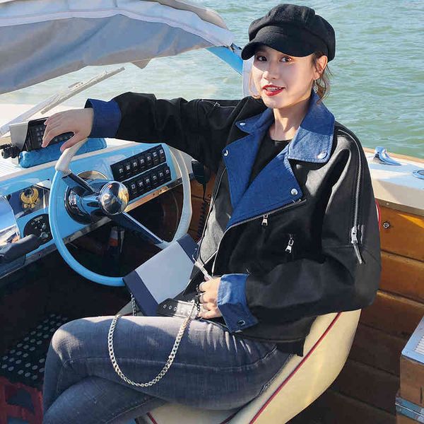 

women's leather & faux [eam] loose fit pu denim big size short jacket lapel long sleeve women coat fashion spring autumn 2022 1de0653 3, Black