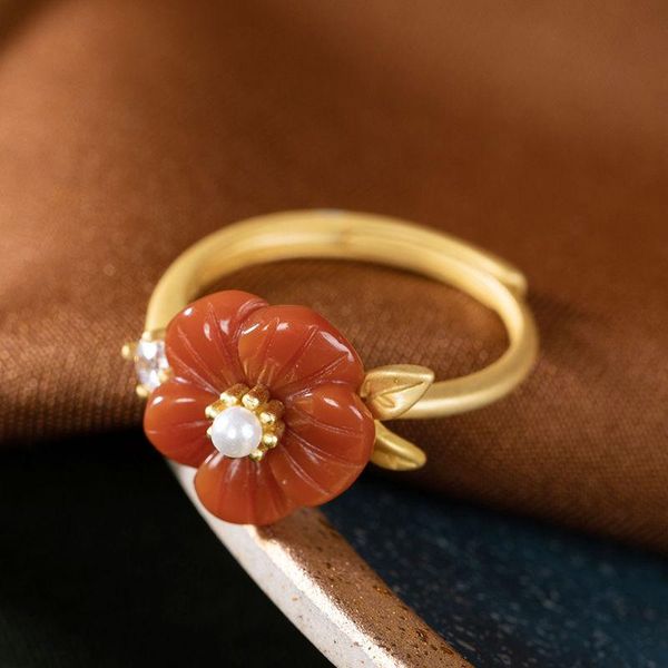 

original snew silver gold natural south red plum blossom vintage inlaid pearl zircon luxury luxury temperament women open ring, Golden;silver