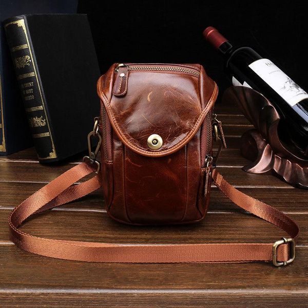 

men genuine leather waist bag small messenger bag cell phone hook belt loop two zipper pocket real leather flap waist pouch