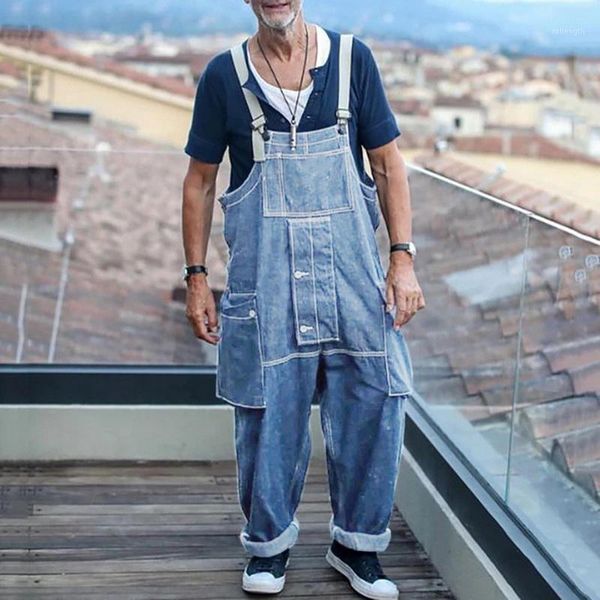 

2020 men jeans jumpsuits trendy baggy big pocket denim overalls men's blue gray multi pocket loose straight full length jeans1