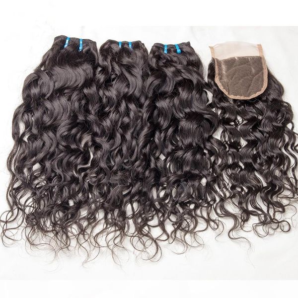 

malaysian wet and wavy hair with closure 4pcs lot virgin malaysian water wave lace closure 4x4 with human hair weave bundles, Black