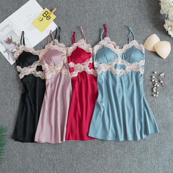 

women nightgowns lace satin sleepwear v-neck nightdress with chest pads homewear summer thin backless lounge soft nightwear kg-555, Black;red