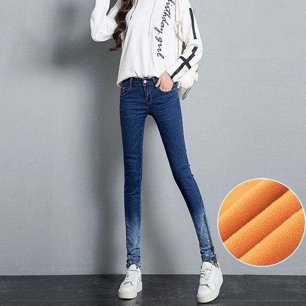 

warm winter plus velvet gradient denim pencil thin korean pants, Blue