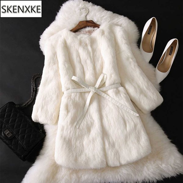 

2021 new natural real rabbit fur long coat winter real rabbit fur jacket korean female three quarter sleeve soft real fur coats t200908, Black