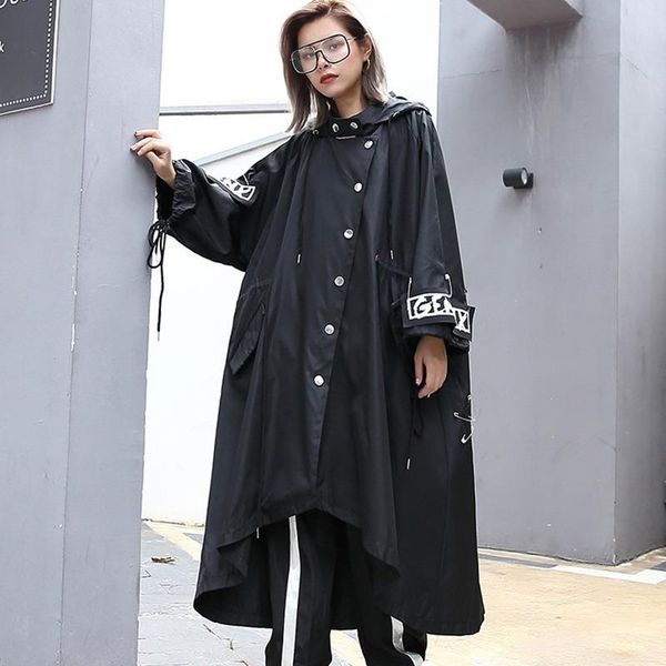 

women's trench coats spliced plus size black for women tide long print streetwear hoodie casual female wide waisted coat 2021 drop, Tan;black