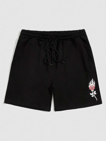 

romwe guys rose graphic shorts x6sx#, Black