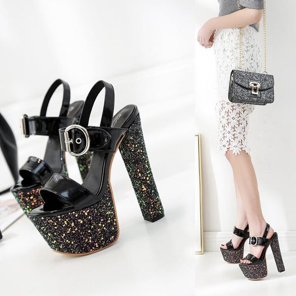 

17cm super high heels thick heel sandals women 2021 new fish mouth waterproof platform sequins super high, Black