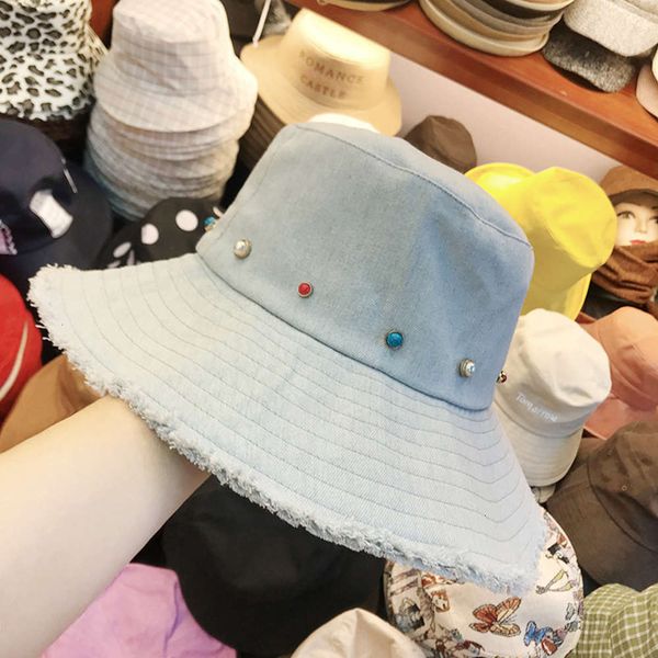 

blue new versatile denim fisherman's in early autumn women's summer sun hat with cotton rivet and rough edge, Blue;gray