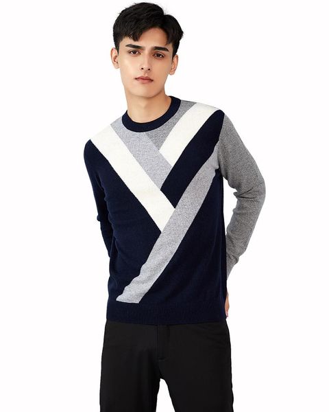 

zhili men's 100% cashmere splic solor crewneck sweater, White;black