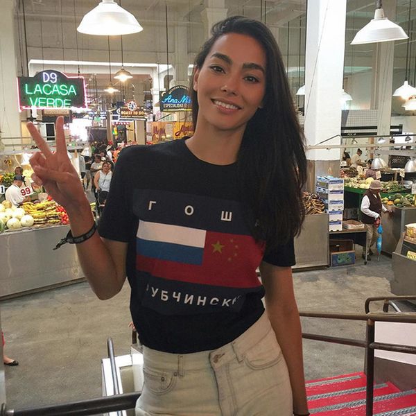 

гоша рубчинский распечатать с короткими рукавом tee российский флаг мужские и женские, White;black