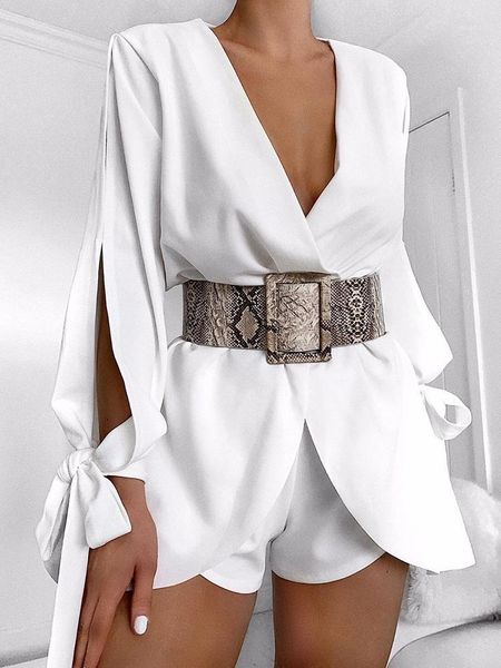 

2019 autumn women elegant casual white playsuit female workwear v-neck solid plunge billowing split sleeve tied jumpsuits1, Black;white