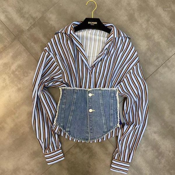

2020 spring new lapel long sleeve striped shirt with denim waist seal two-piece women1, White