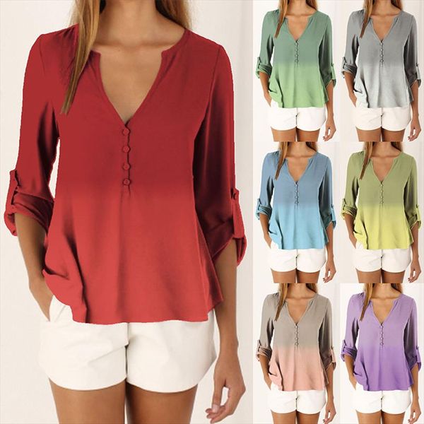 

women v neck chiffon blouse summer autumn casual button shirts gradient print blusas plus size, White
