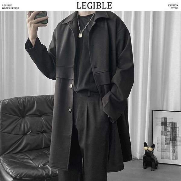 

legible solid trench coat men spring autumn korean loose casual windbreaker men long coat korean jacket1, Tan;black