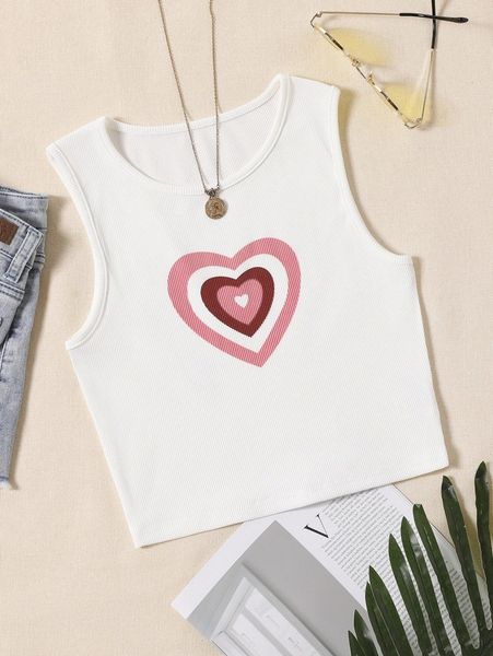 

heart print rib knit crop tank g4s1#, White