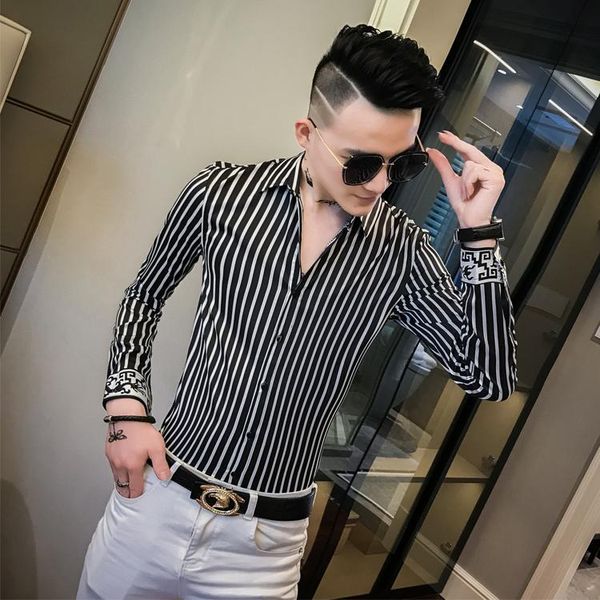 

men's casual shirts black and white striped shirt long sleeve korean version of the slim hair stylist clothes handsome trend, White;black