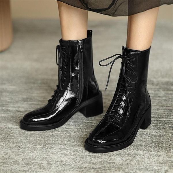 

boots winter women 2021 ankle square heel round toe high heels lace-up shoes, Black