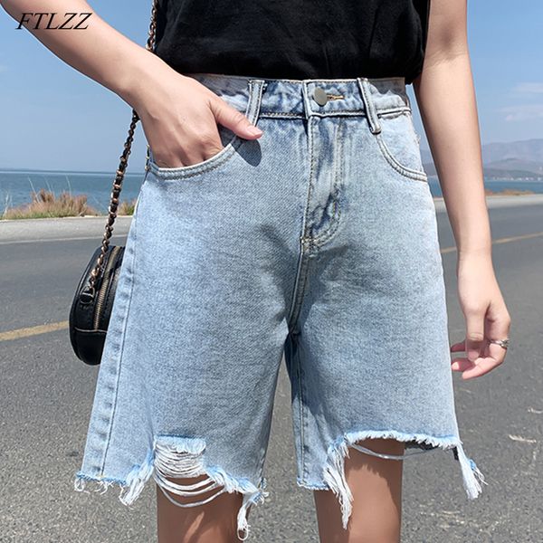 

ftlzz new summer women streetwear hole wide leg blue denim shorts vintage female high waist solid color jeans bermuda shorts y200822, White;black