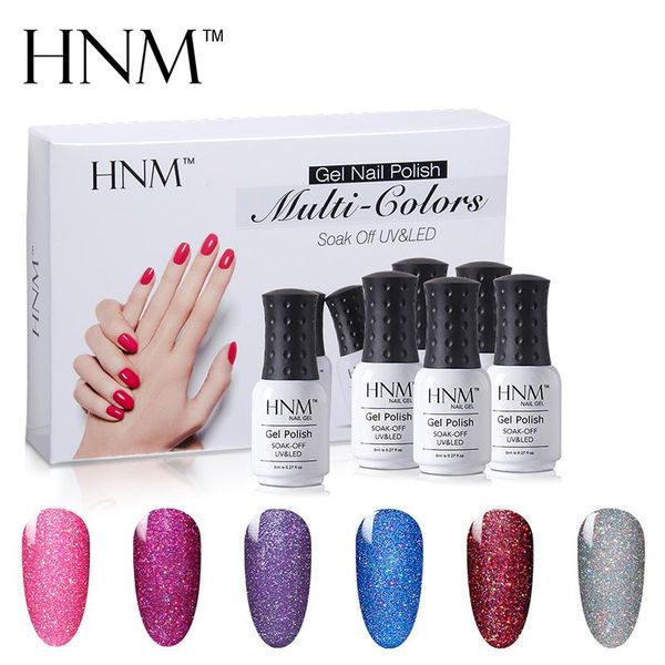 

hnm 6 color 8ml bling neon gel nail set 6pcs/lot glitter nail polish sets led uv art gellak semi permanent hybrid varnishes