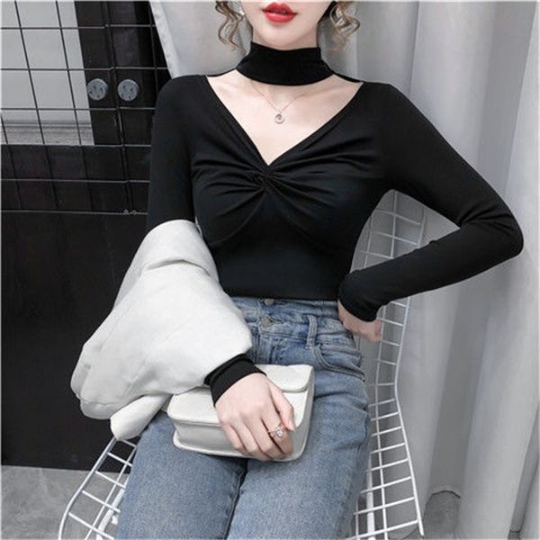 

2020 dense autumn and winter foreign-style clavicle knot thin neck slimming down bottomming shirt v collar long female sleeve, White