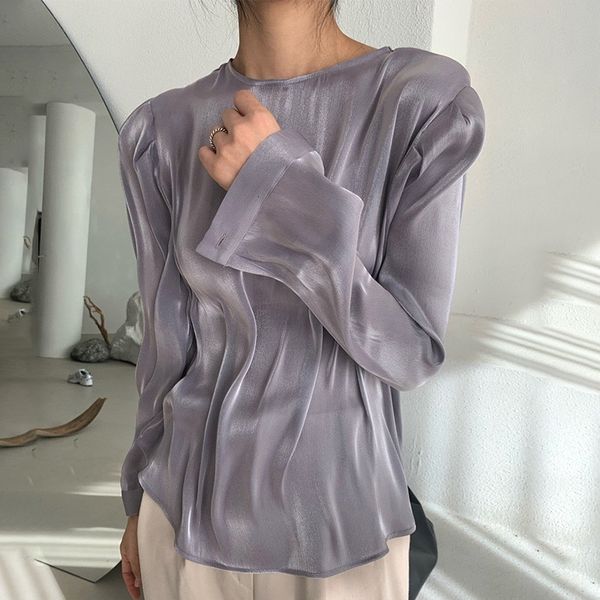 

2021 new elegant female niche solid shirts the-neck breath sleeves woman thin blouse inside outerwear shirt spring 45rz, White