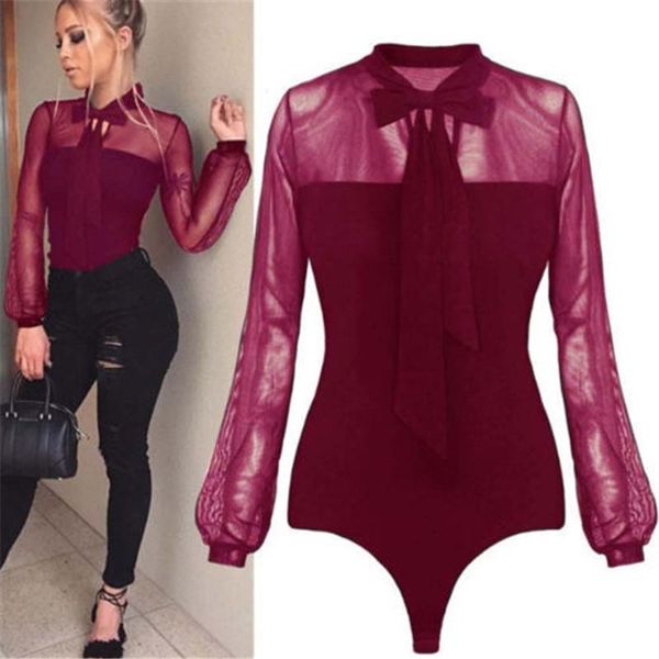 

summer bodysuit women bow black mock neck patchwork long sleeve back ladies lace mesh bodysuit transparent, Black;white