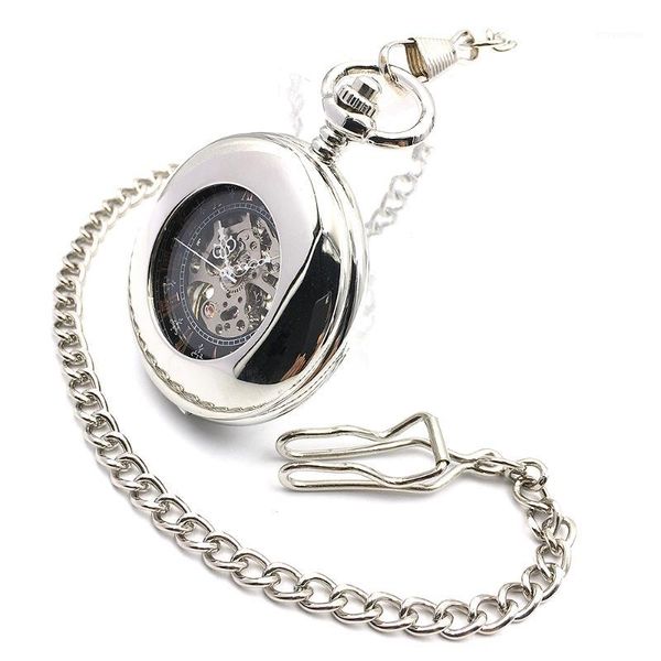 

hollow case roman black dial men silver pocket watch mechanical hand winding antique army skeleton steampunk watch w/chain1, Slivery;golden