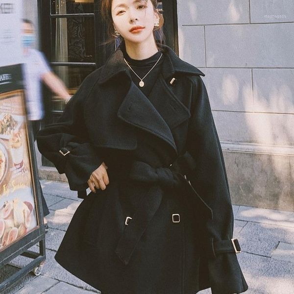 

fashion slim solid woolen winter coats double breasted wool coat and jacket lace up+ women winter coat wool 20211, Black