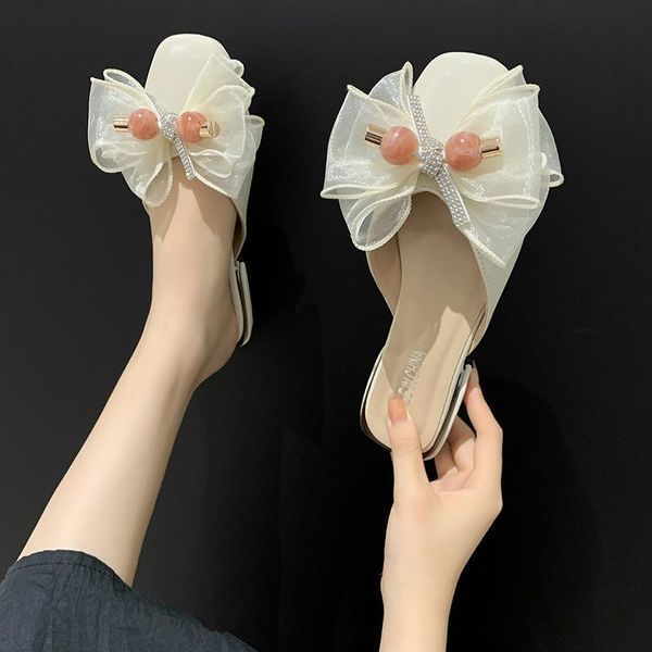 

med cover toe slippers casual square heel summer women's shoes slides butterfly-knot big size pantofle luxury block soft 2021, Black