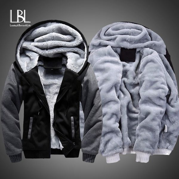 

winter thick hoodies men zipper hooded coat brand mens tracksuit sweatshirt patchwork jackets warm us/eur plus size fleece hoody 201113, Black