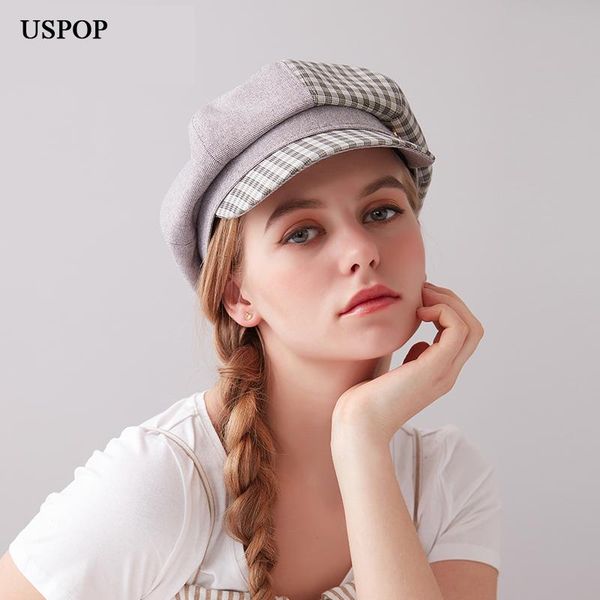 

sboy hats uspop 2021 autumn women plaid octagonal british retro caps female patchwork visor cap berets, Blue;gray