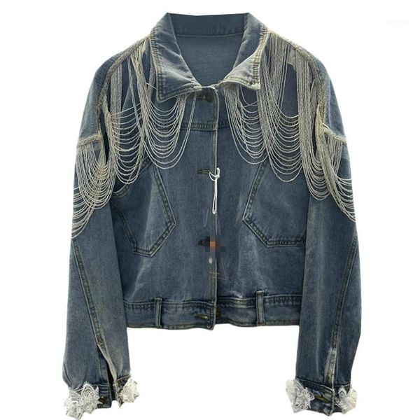 

heavy industry denim coat outwear female 2020 autumn new chain shawl light blue lace stitching jeans jacket women loose jackets1, Black;brown