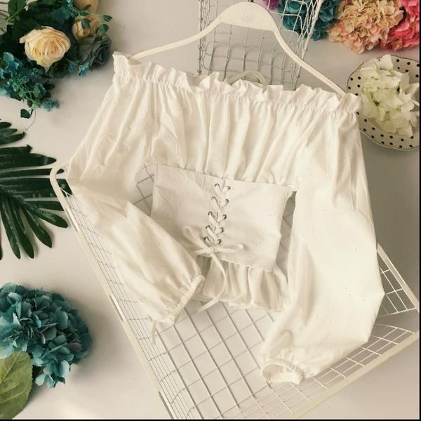 

cute women chiffon blouses slash neck sashes shirts lantern sleeved strap waist bow shirred off shoulder ladies casual 2018, White