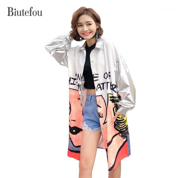 

2020 new arrival autumn cartoon print metallic color shirts women fashion loose shirts1, White