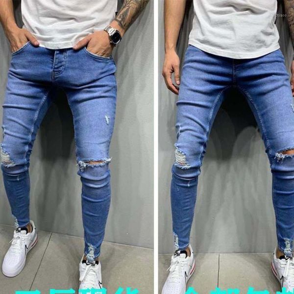 

2021 spring blue ripped jeans for mens skinny denim trousers streetwear biker broken-hole jeans slim fit fashionable trendy pant1