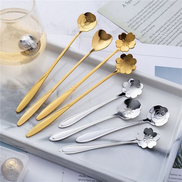 

4pcs/set dazzling rose gold flower spoon stiring spoon ice cream cake dessert tableware dining bar kitchen spoons cherry heart scoop h2202