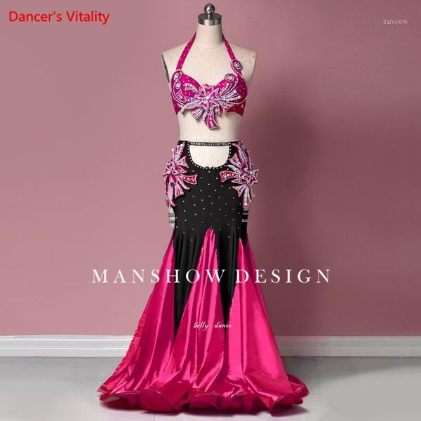

belly dance set female high-end bra competition clothes new woman high waist double split performance skirt suit1, Black;red