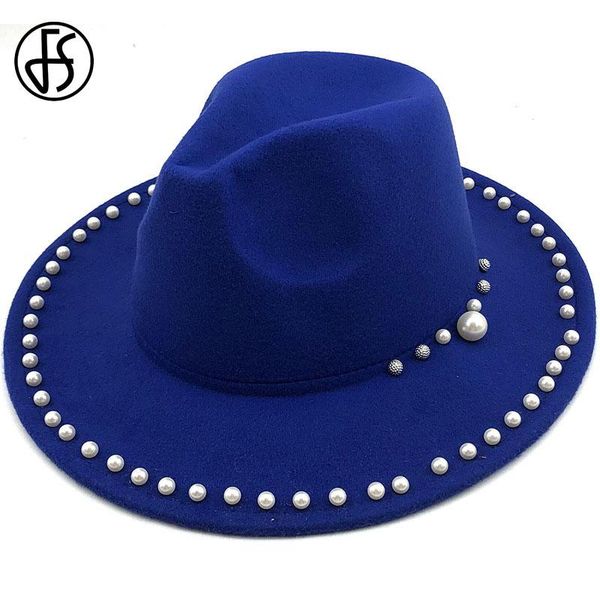 

wide brim hats fs hat women wool felt with pearls jazz fedora for men black panama trilby cowboy gentleman wedding cap, Blue;gray