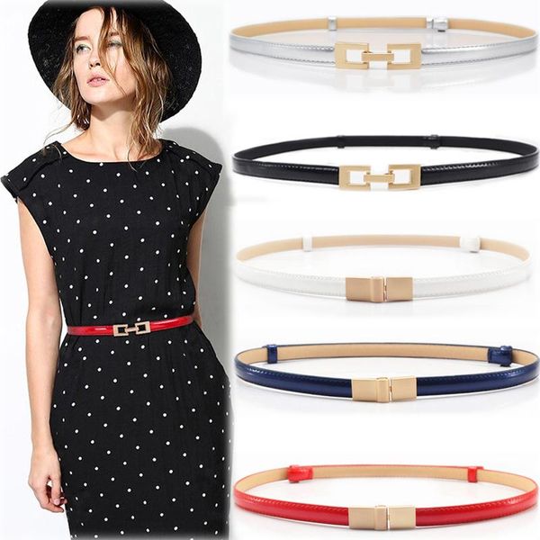 

women faux leather belt for woman gold alloy buckle thin girdle waistband adjustable design patent leather dress waistbands lady wmtanb, Black;brown