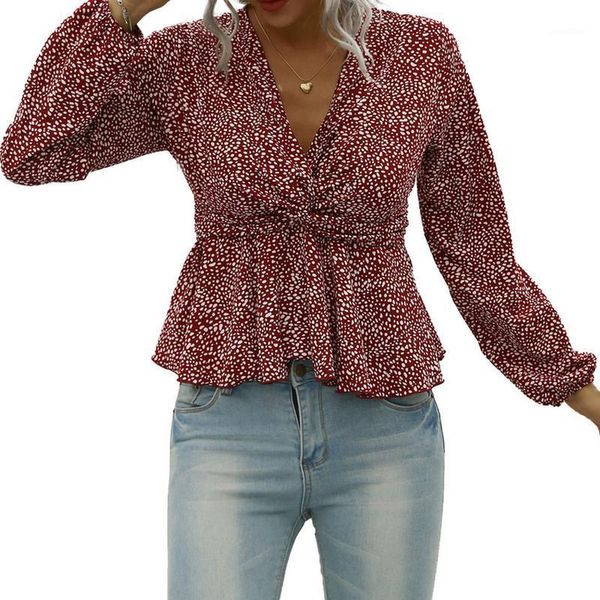 

women's dot printed shirt spring autumn long-sleeved dot printed ruffle sleeve twisted party v-neck loose high waist clothes1, White