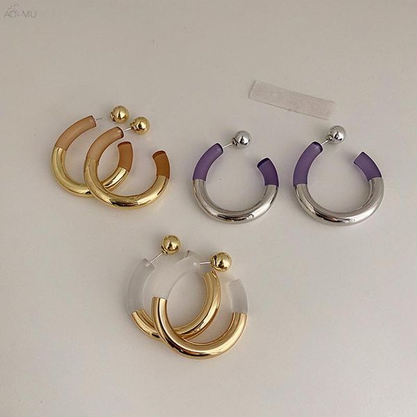 

hoop & huggie aomu fashion creative personality asymmetrical colorful transparent simple metal earrings for women party jewelry, Golden;silver