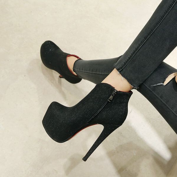 

women ankle high heels 16cm party wedding winter stiletto heel platform woman plus size 2019 autumn boots t200425, Black